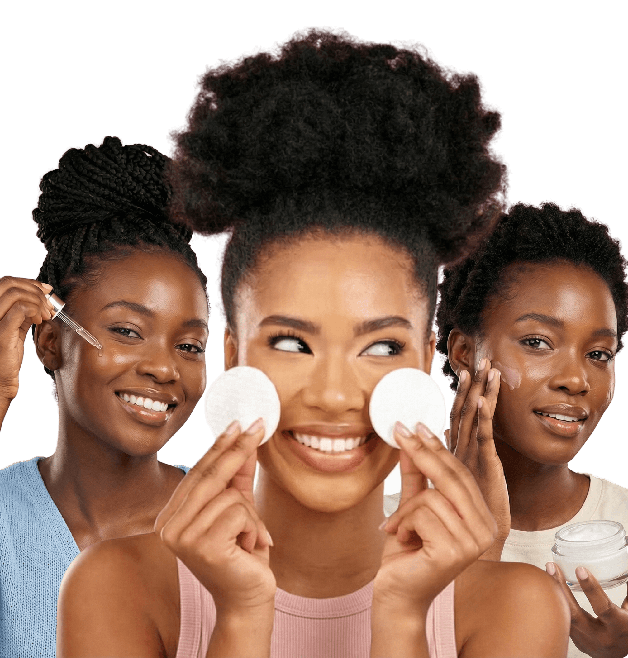 Three Nigerian women with skincare products